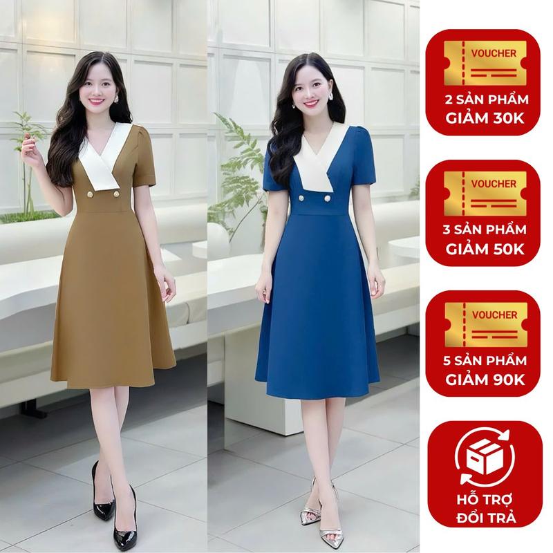 Đầm váy nữ xinh thiết kế hot trend Nhật Vy cổ vest tay ngắn kiểu dáng dài chiết eo big size chất lụa thoáng mát công sở văn phòng dự tiệc quà tặng vợ mẹ màu nâu xám xanh - D3544 Mix