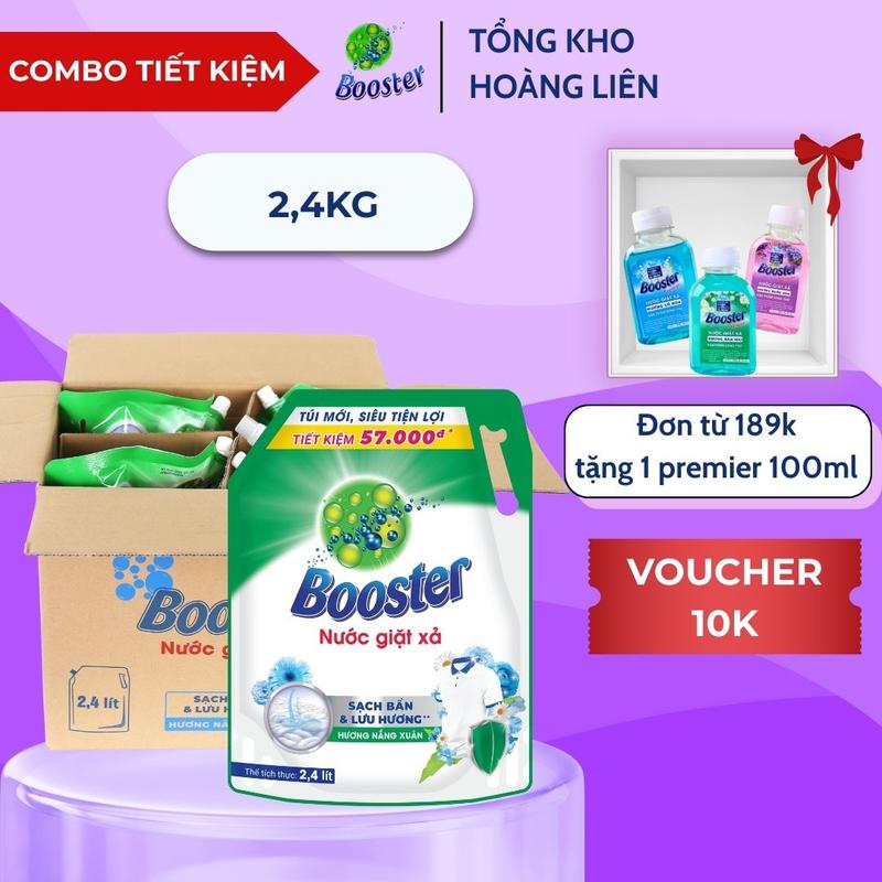 Combo 4 Túi Nước giặt Booster Hương Nắng Xuân Túi 2,4kg Phù Hợp Với Máy Giặt Cửa Trên, Cửa Ngang Bảo Vệ Sợi Vải, Quần Áo Bền Màu, Làm Sạch Các vết Bẩn Cứng Đầu Làm Sạch