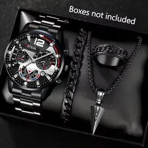 Jam Tangan Kuarsa Tipe Bisnis Pria Tali Baja Tahan Karat Dial Besar Dengan Kalung Gelang