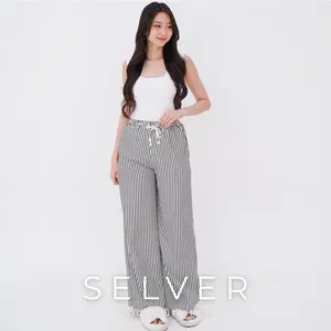 SELVER - Stripe Pants Summer Highwaist Celana Panjang Wanita Kantor Kuliah Motif Salur Texture Loose Pants Full Karet (S-M L-XL)