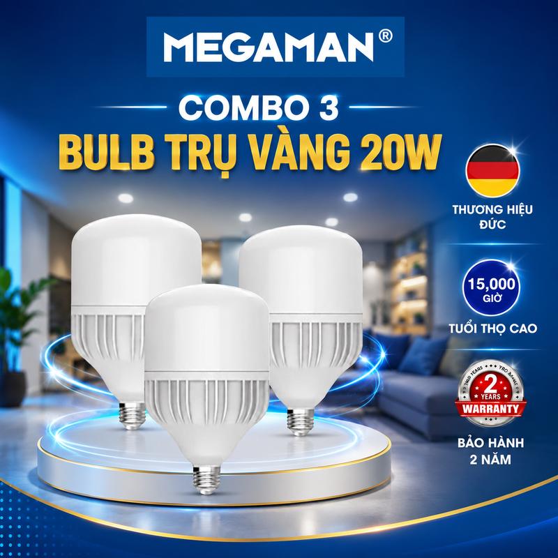 Combo 3 Bóng Đèn LED Bulb Trụ Thân Nhôm MEGAMAN 20W – Ánh Sáng Vàng 3000K, Đui E27