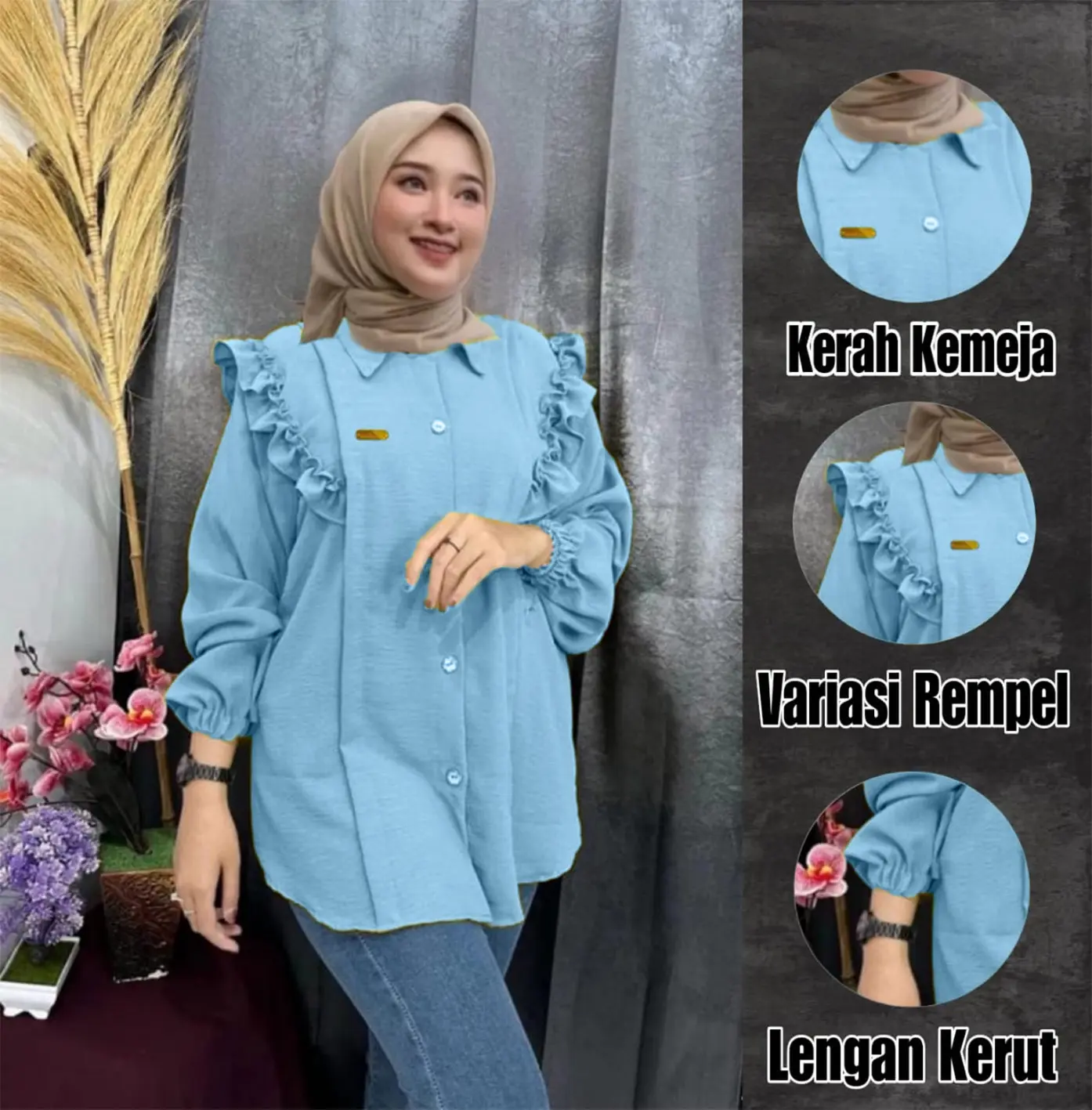 Atasan Kemeja Wanita Crinkle Terbaru 2025 dengan Ruffle Bagian Depan dan Kancing Depan - Lengan Panjang