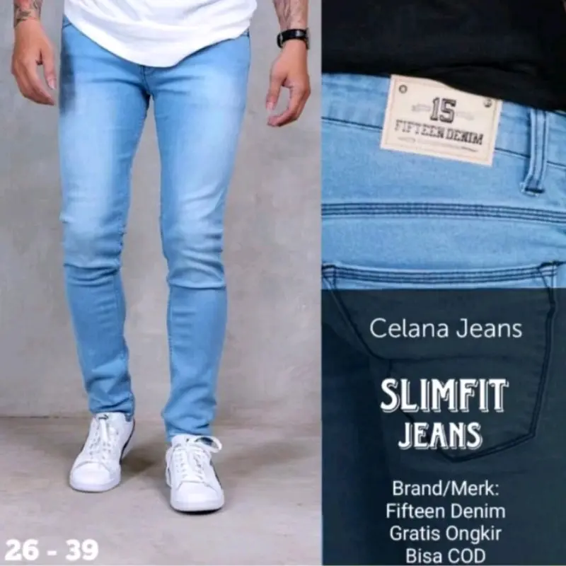 celana jeans pensil panjang   Pria Skinny Slimfit Biru Stretch 0