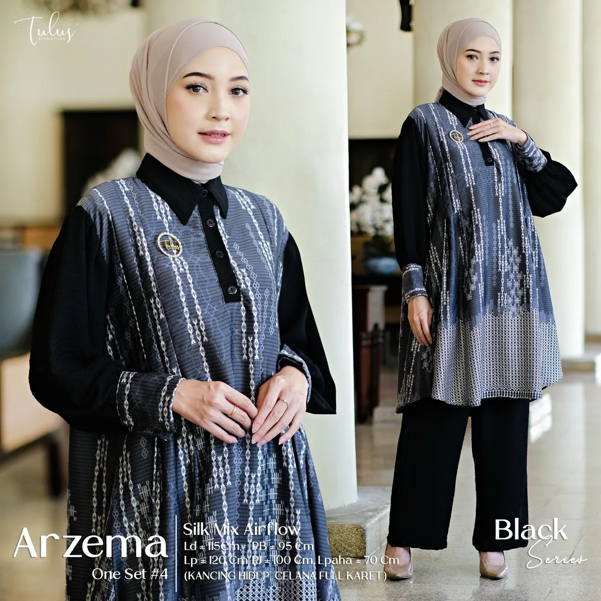 SETELAN WANITA PREMIUM ONE SET FASHION BAHAN SILK MIX AIRFLOW LD 115 - ARZEMA ONE SET ORIGINAL TULUS SIGNATURE