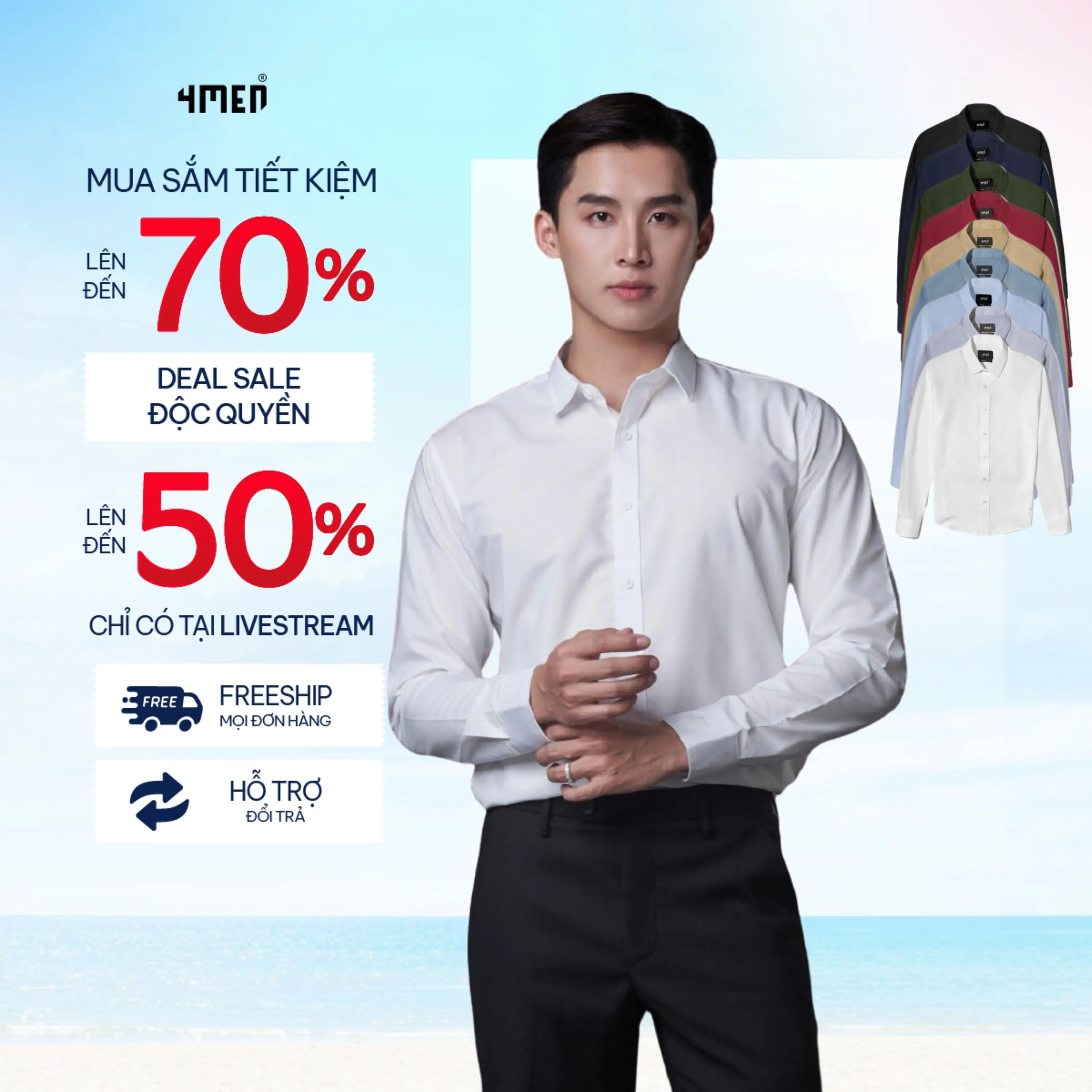 Áo sơ mi nam trơn tay dài 4MEN SM088 nhiều màu đẹp, Trắng thanh lịch, dễ phối, vải lụa chéo hạn chế nhăn, mềm mại, form regular suông dễ mặc Menswear