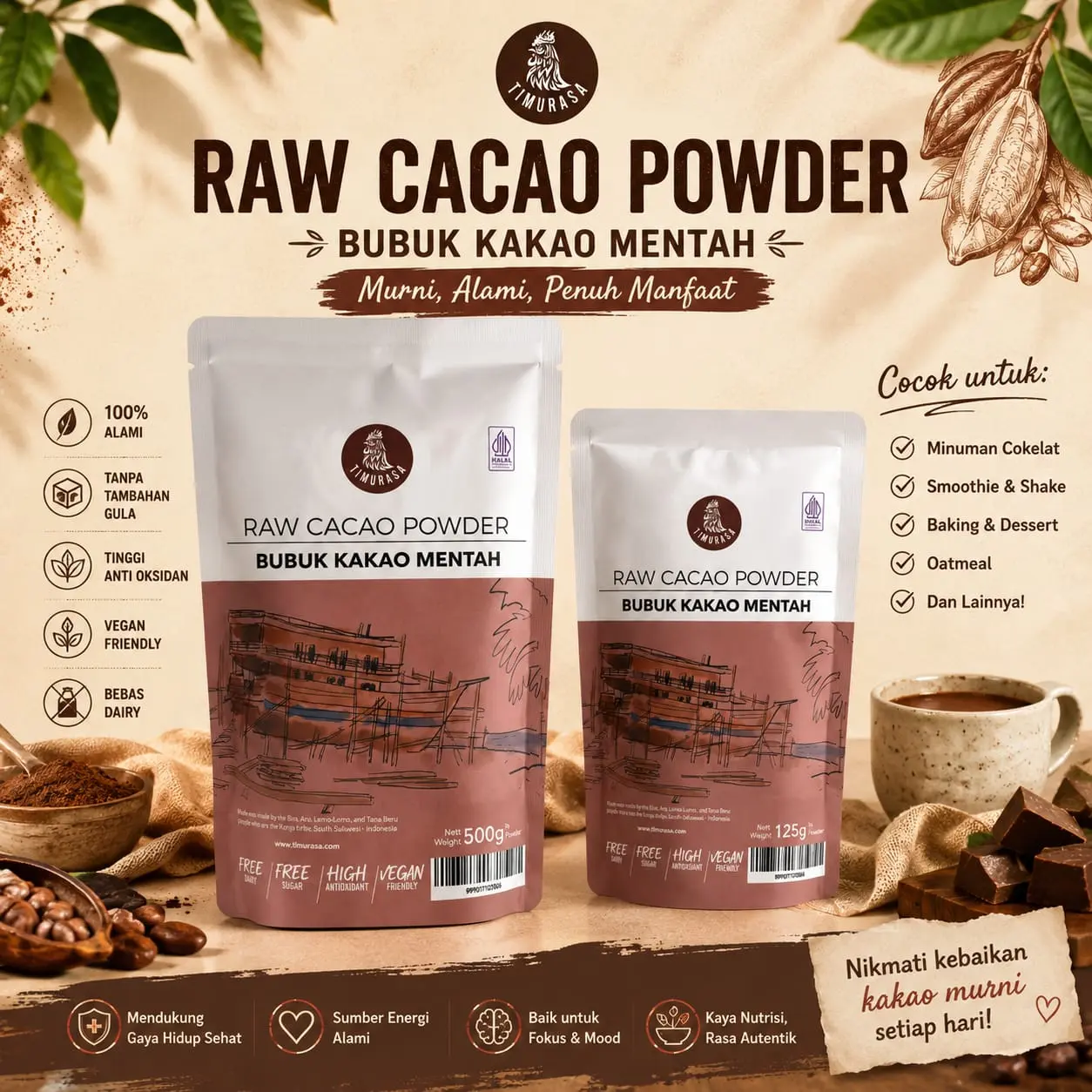 Timurasa Bubuk Coklat Mentah / Raw Cacao Powder / Bubuk Kakao Mentah  - Tanpa Pemanis, Kaya Antioksidan
