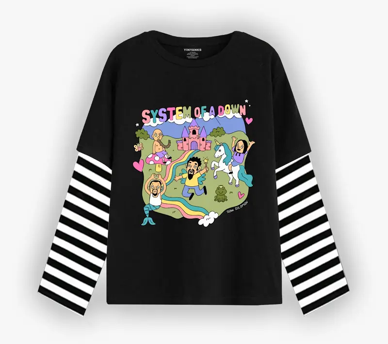 Yinyanks TrdMrk T-shirt Double layer salur System of a down carton long sleeve kaos pria wanita Katun Keren Nyaman Panjang 2