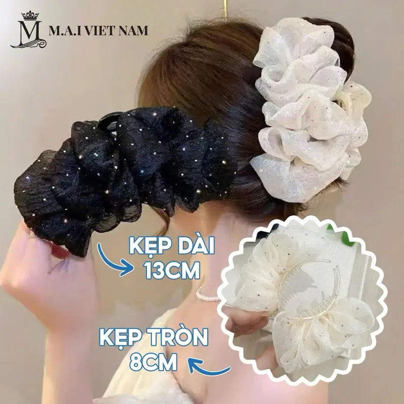 Kẹp Tóc Lưới Bong Bóng Đính Đá, Phong Cách Hàn Quốc