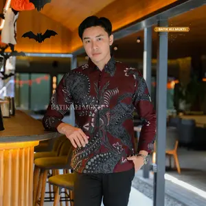 Batik Slimfit Burgundy Pria Lengan Panjang Baju Kemeja Kondangan Anak Muda Katun Halus Furing Motif Rajasakti