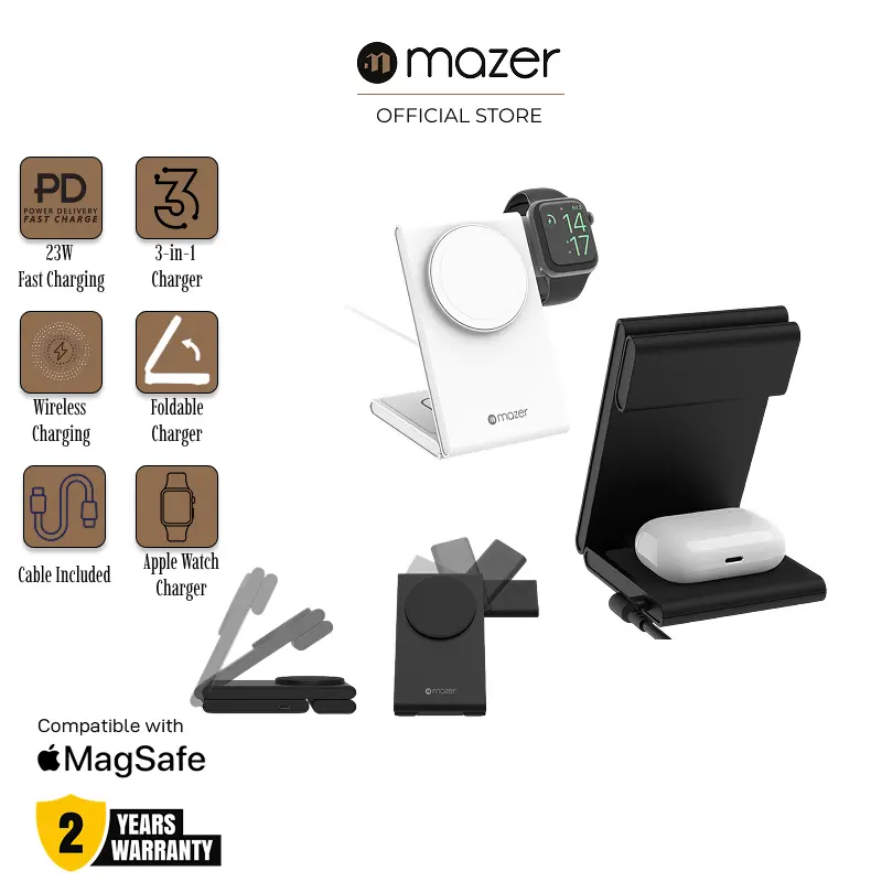 Mazer MagFold Wireless Charging Stand, 23W, 3-in-1 Qi MagSafe & Apple Watch & Wireless Earpierce, Fast Charging for iPhones, Samsung Smartphones and Other Android Devices