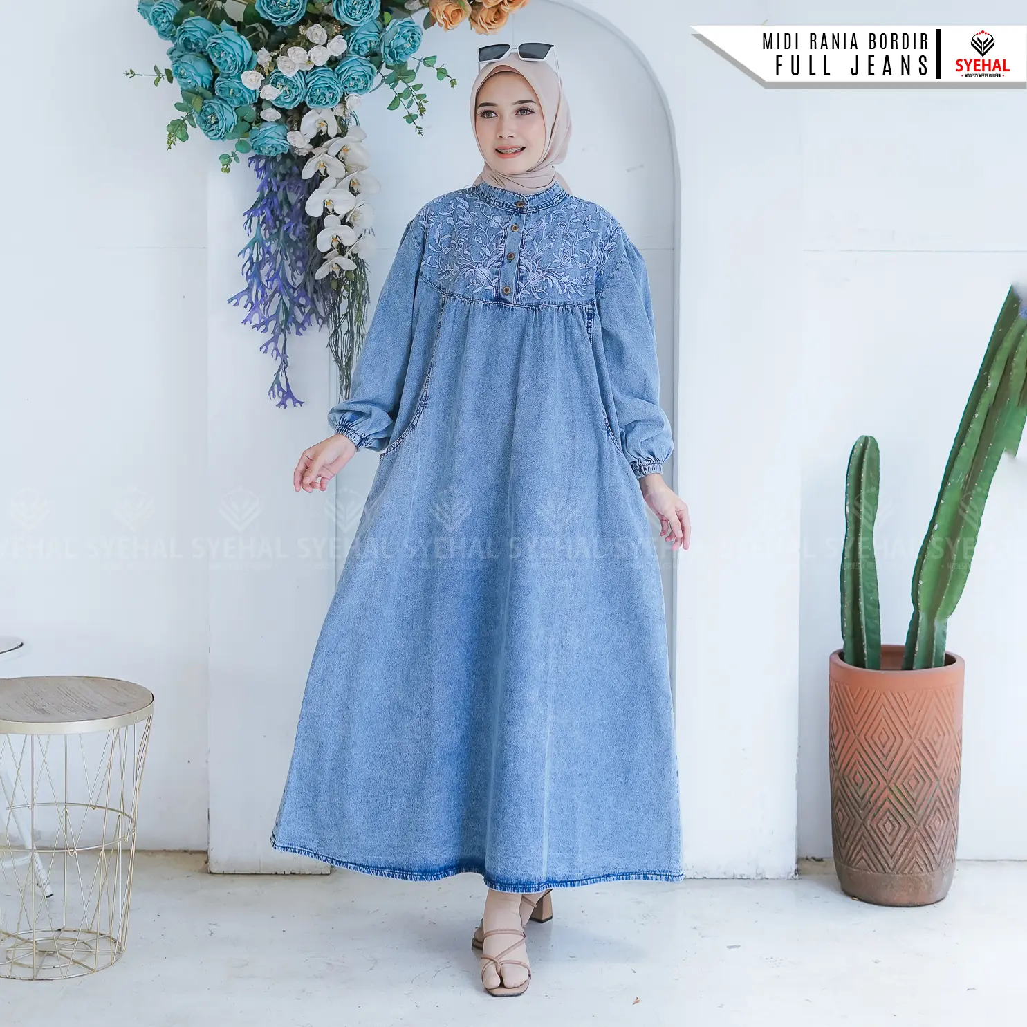 Syehal Collection Midi Rania - Midi Jeans Wanita - Gamis Midi Jeans Pakaian Wanita Muslim - Baju Lebaran