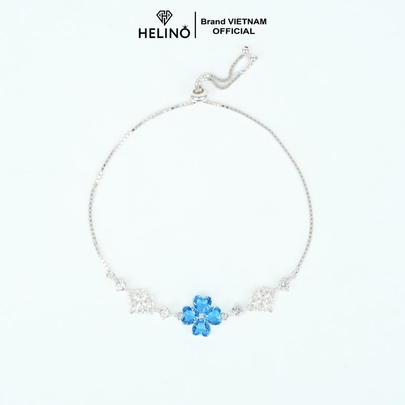 Lắc tay bạc nữ HELINO cỏ bốn lá đính đá xanh thiên thanh dạng dây rút cao cấp trang sức cá tính V44
