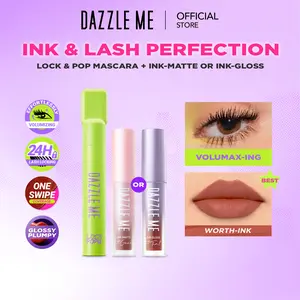[PAKET LIP & EYE MAKEUP 2PCS] DAZZLE ME Ink & Lash Perfection Bundle Lock and Pop! Mascara Ink-Matte Ink-Gloss Lip Cream Tahan Lama & Tahan Air Waterproof Smudgeproof Transferproof