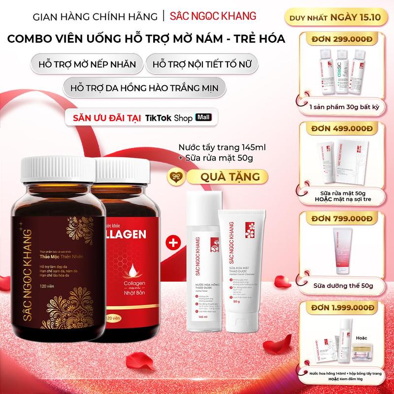Combo Viên Uống Collagen Dipeptide 120v & Viên Uống Sắc Ngọc Khang ++ 120v Cao Cấp - Hỗ Trợ Nội Tiết Trẻ Hóa Sáng Da Đào Thải Nám Sạm Tàn Nhang