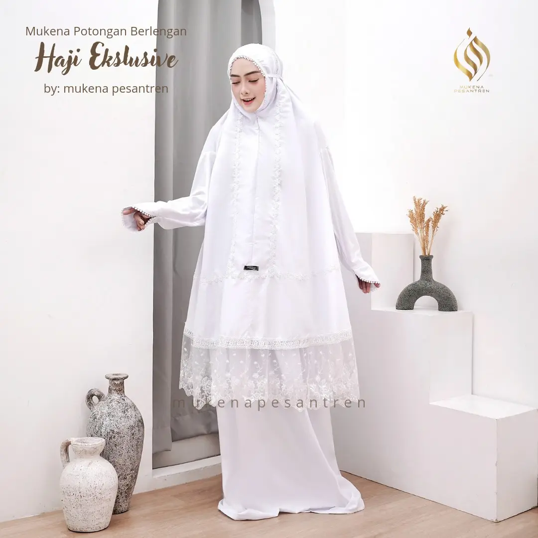 potongan berlengan ekslusive ( HAJI/ IHROM)  Cantik Nyaman Tebal  Dewasa  umroh   menutup dagu  Putih Bordir