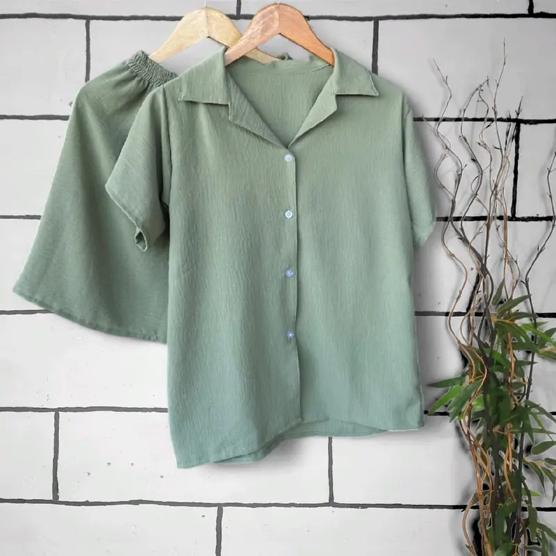 Baju Setelan Pendek Wanita Cringkel Airflow l CPDKH l One Set Piyama Perempuan Santai Busui  Nyaman 3