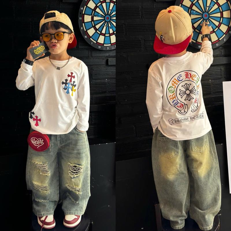  Áo thun dài tay cho bé trai chữ thập ss 2025 quần bò dài ống xuông rách cho bé,quần jean,TPKIDS M1172  