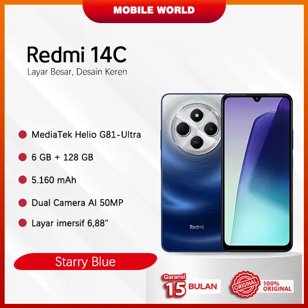Mobile World Xiaomi Redmi 14C 6 GB/128 GB | Layar 6.88" | Refresh rate 120 Hz | 50 MP dual kamera | Baterai 5.160 mAh 2