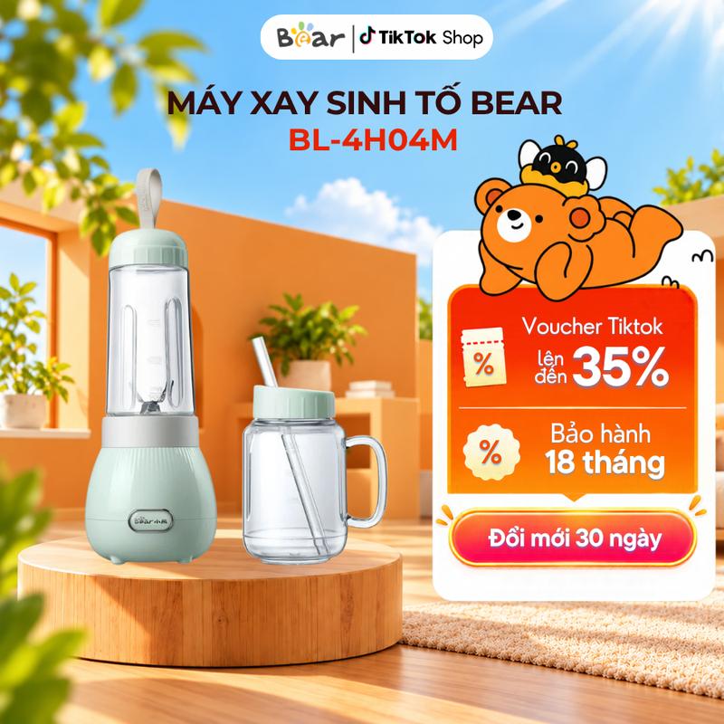 Máy Xay Sinh Tố Đa Năng Bear BL-4H04M (LLJ-C04W1), Công Suất 150W, Dung Tích Cối - 400ML & 350ML, Cắm Điện, Lưỡi Dao Sắc Bén INOX304 Xay Nhuyễn Trái Cây-Đá Viên, Bảo Hành 18 Tháng