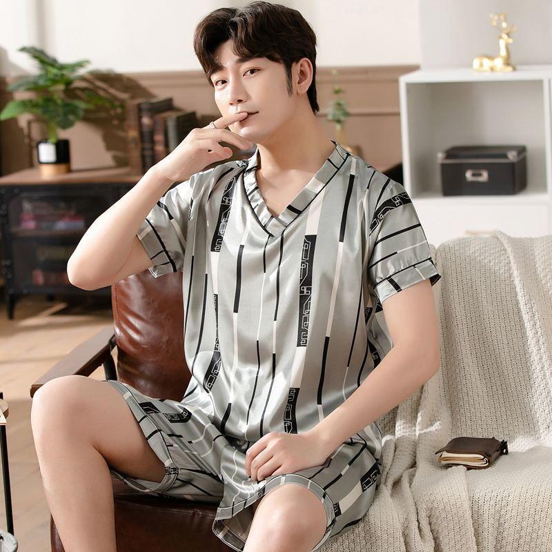 Bộ Đồ Ngủ Lụa Lạnh Dành Cho Nam Giới, ngắn Tay Áo, Mỏng Và Rộng Rãi, Cỡ Lớn, Làm Bằng Lụa Nhân Tạo, Bộ Đồ Hai Mảnh, Thích Hợp Cho Mùa Xuân Và Mùa Hè, Mặc Nhà Menswear Nhung 8