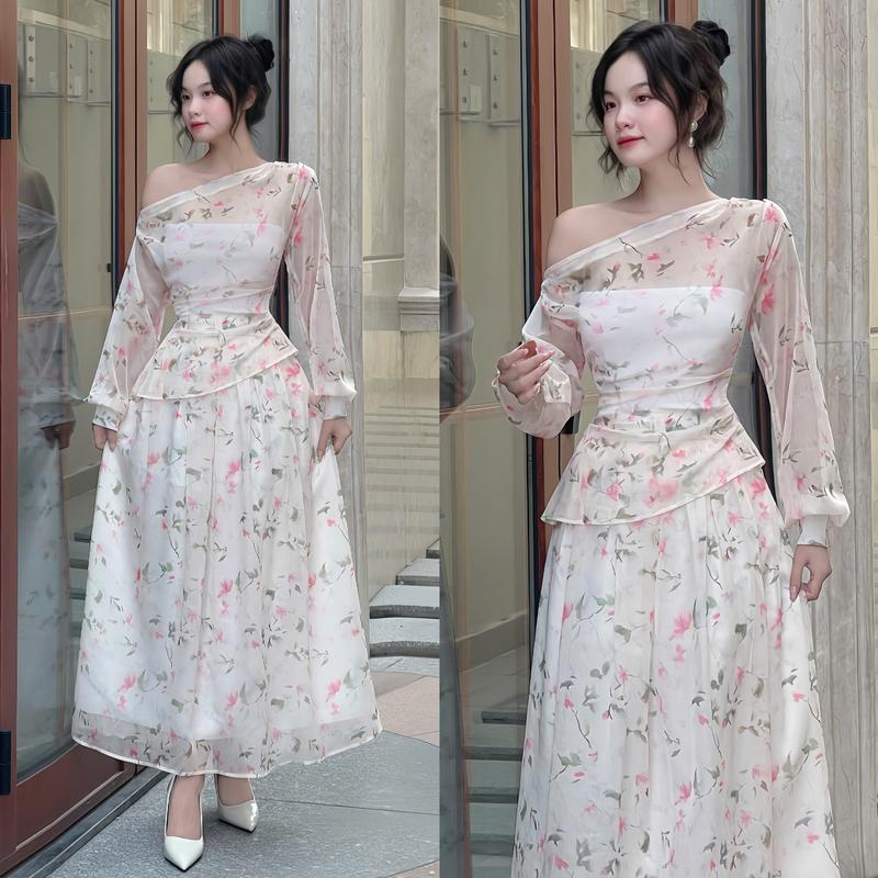 (Kèm áo ống) Set đầm nữ thiết kế EMME T3197 vd - 2 món gồm áo tơ hoa pháp trễ vai họa tiết hoa phối chân váy xếp ly dáng dài cách điệu - THANH TỰ