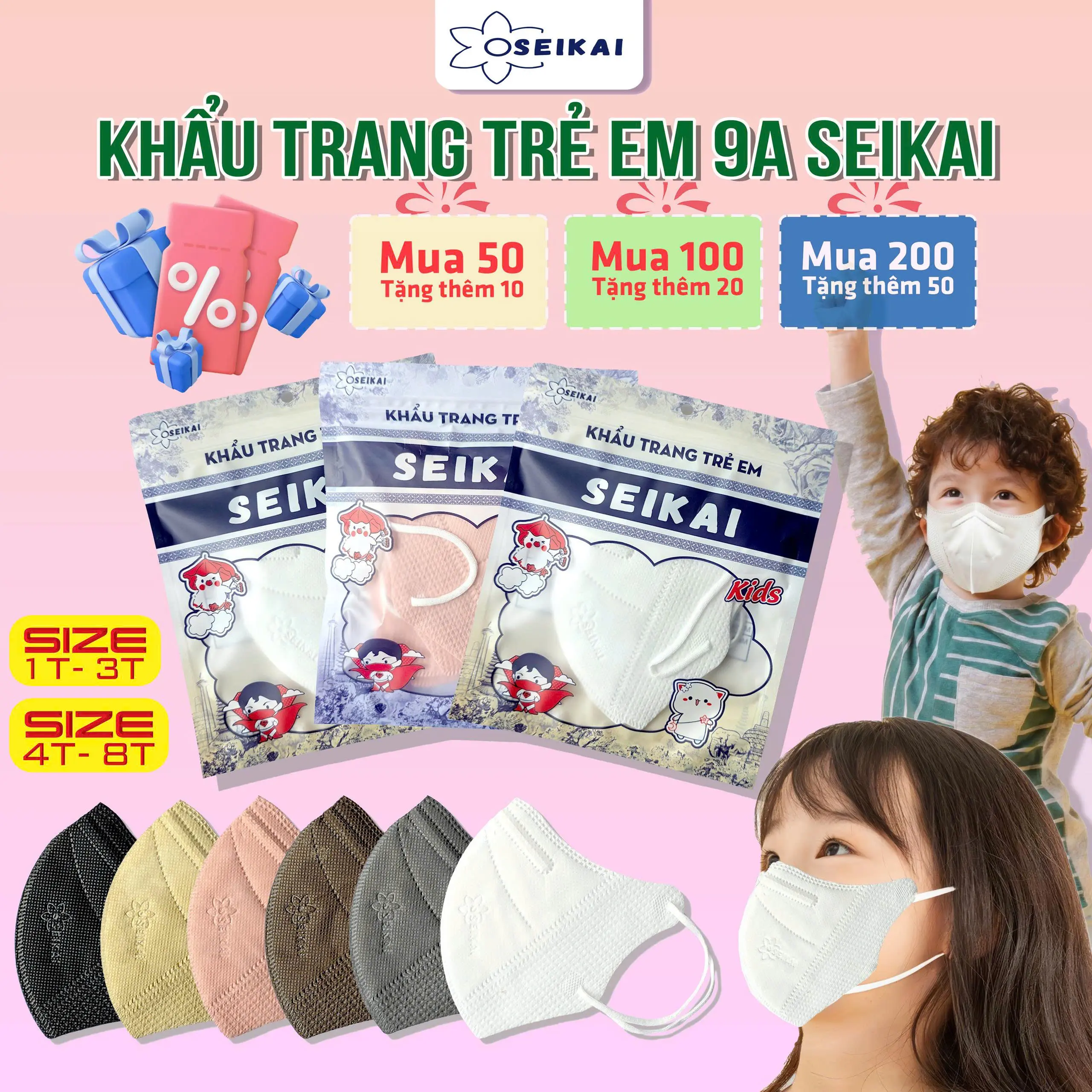 [QUÀ TẶNG 10-20-50C  9A TRẺ EM KÈM THEO ĐƠN] Khẩu Trang 9A SEIKAI Trẻ Em  Hàng Loại 1
