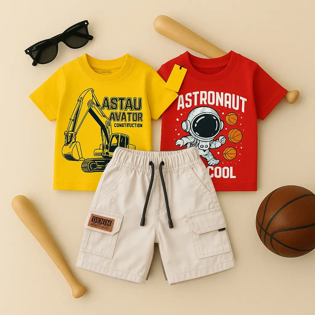 Paket Setelan 2pcs Kaos dan 1 Celana Pendek Anak Laki-Laki Premium Size 1-10 Bahan Katun Combed Adem dan Lembut Kids Fashion Distro