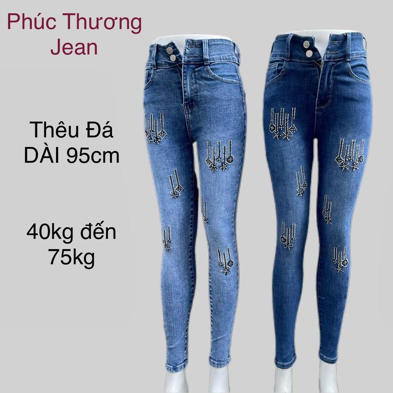 D20 Quần jean nữ  lưng cao 2 nút THÊU ĐÁ,dài 95cm,Nhiều MÀU ôm gọn,từ 42kg đến 75kg Denim Pants Women Kem