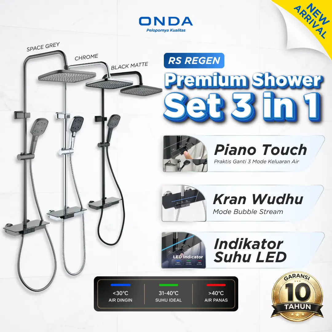 ONDA Rain Shower Set Piano REGEN Chrome 3 in 1 Berkualitas Rain Shower Smart LED Temperature Indicator Piano Touch