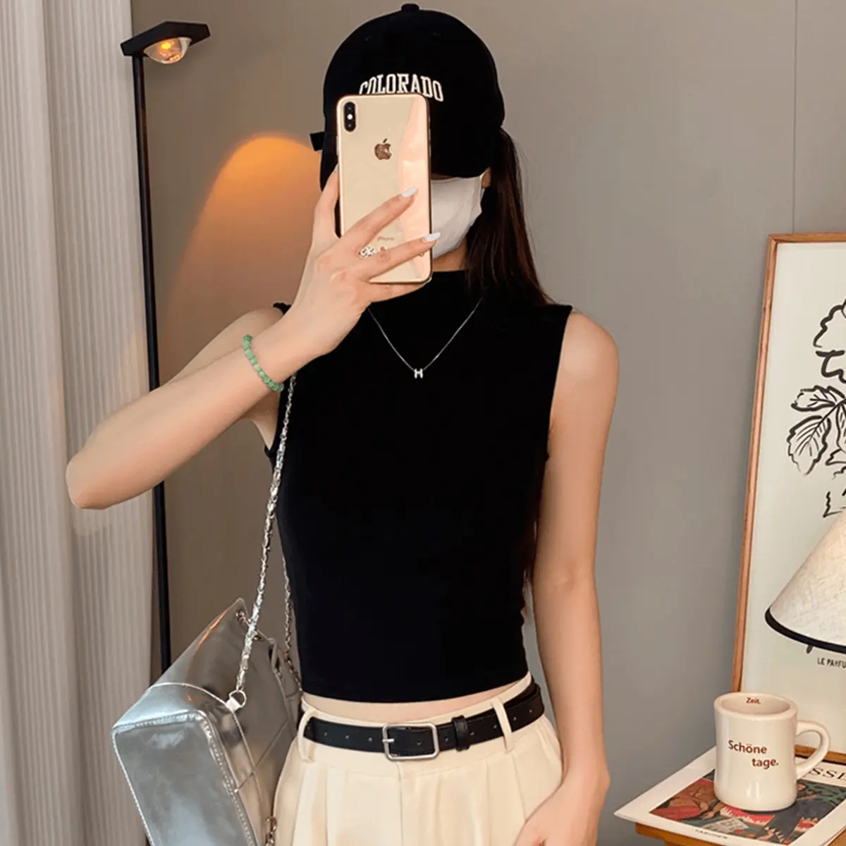 Áo Vest Không Tay Cổ Bán Cao Màu Đen, Dáng Ôm, Dành Cho Nữ, Áo Ngắn Mùa Hè, Áo Cơ Sở Dáng Ôm