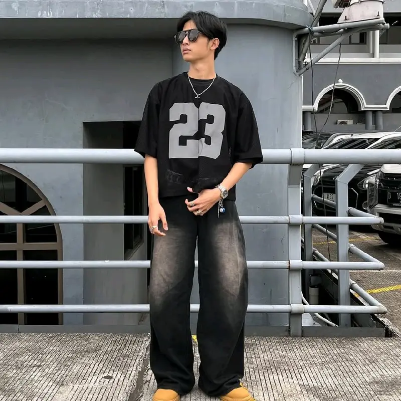 Celana Jeans Wishker Kulot Baggy Gombrong Pants Outfit Skena Gombrong Loose-fitting Y2K Shabby Chic Biru Hitam - Panjang, Wanita - Kaki Stretch Melar Denim 5