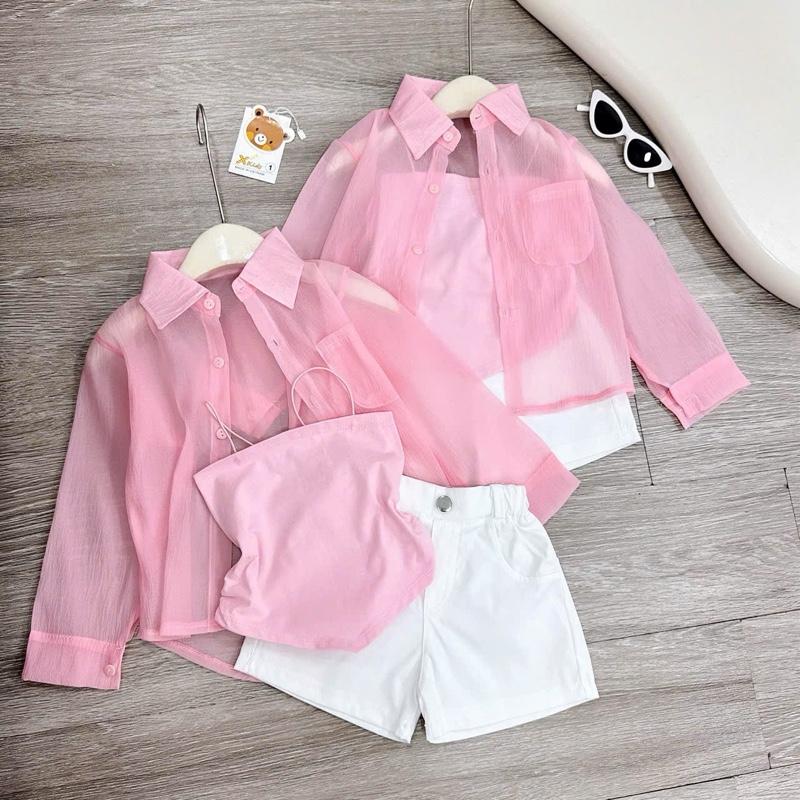 BN192 - Set 3 chi tiết bộ quần áo hai dây bún mix áo sơmi voan dài tay kèm quần short kaki cho bé gái diện mùa hè, đi biển (10-30kg) 6