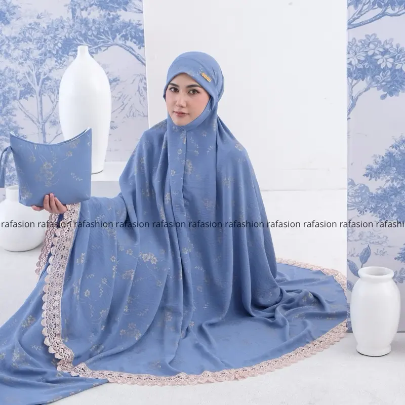 Ra Fashion - Mukena Armina Dewasa Pogy Crinkle Airflow Syar'i Penutup Dagu Motif Bunga Mewah Renda Cantik Panjang Atasan Traveling Beli Lokal Nyaman Lembut 1