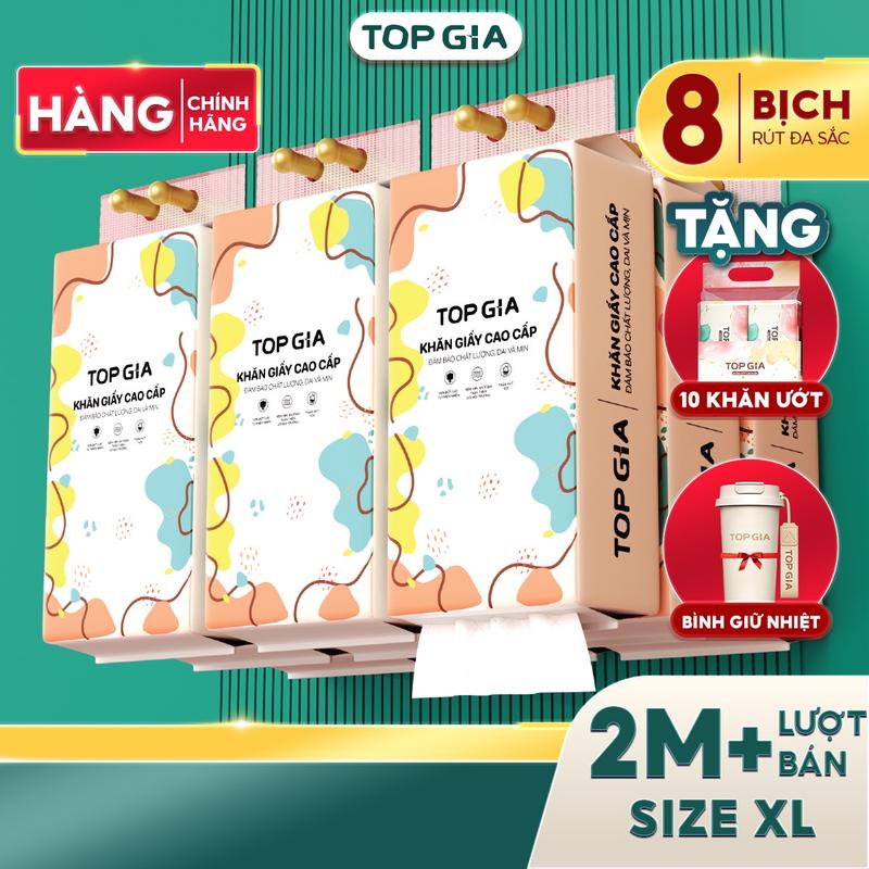 (TẶNG KHĂN ƯỚT+BÌNH GIỮ NHIÊT) Combo 8 Bịch Khăn Giấy CỠ ĐẠI Rút Đa Sắc Cao Cấp TopGia TẶNG 10 gói khăn ướt mini, TẶNG bình giữ nhiệt, giấy rút đa năng treo tường, mềm mịn 4 lớp không bụi mịn ĐẠT QUY CHUẨN CỦA BỘ CÔNG THƯƠNG (SIZE XL - PREMIUM) (LHN)