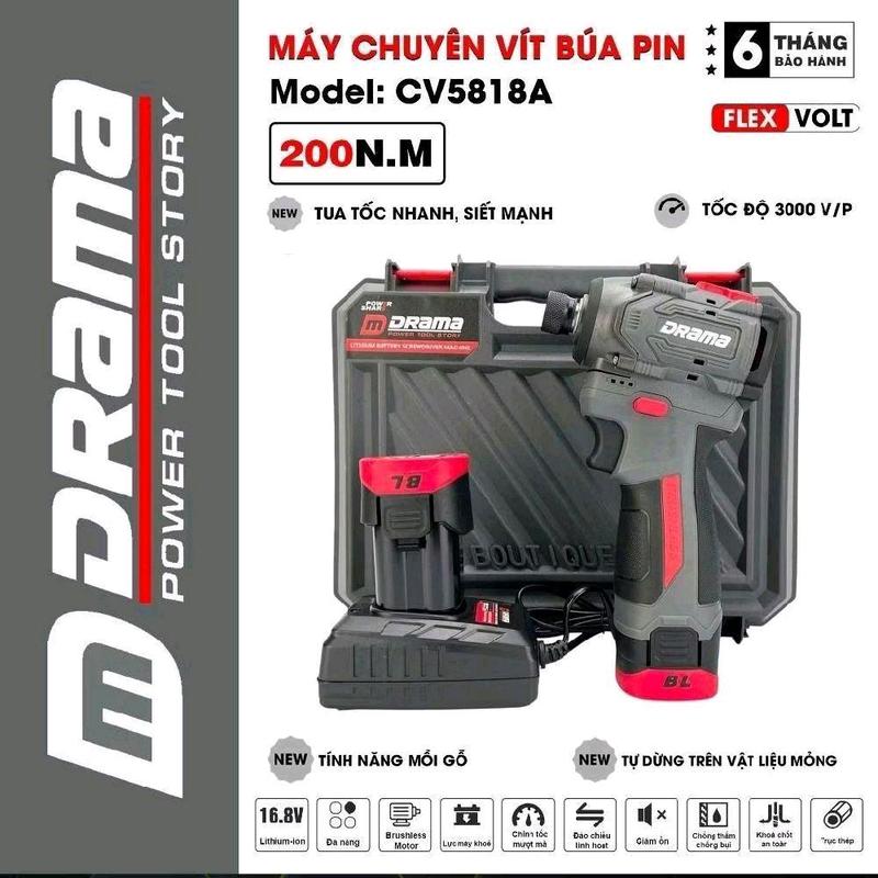 Máy chuyên vít pin Drama CV5818A 16.8v lực 200Nm 4 tốc độ có búa 4 tính năng thông minh động cơ không chổi than pin 4cell