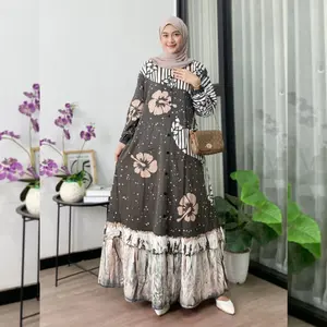 Naya Batik - Gamis Twill Berkualitas Cap Malaman Bukan Sablon Dress Muslim Wanita Motif Bunga Cokelat Rempel Bawah Karet Tali Samping Full Kancing Katun Garis