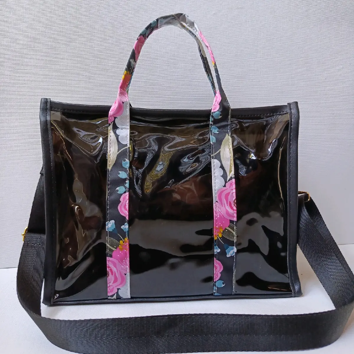 tas pvc gaya korea TALI KEMBANG 25X19X9 tas transparan tas mika hitam Wanita