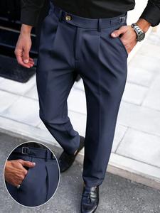 Pantalones casuales de negocios para hombre, cintura elástica, tela tejida ajustada, cierre con botón, para todas las estaciones