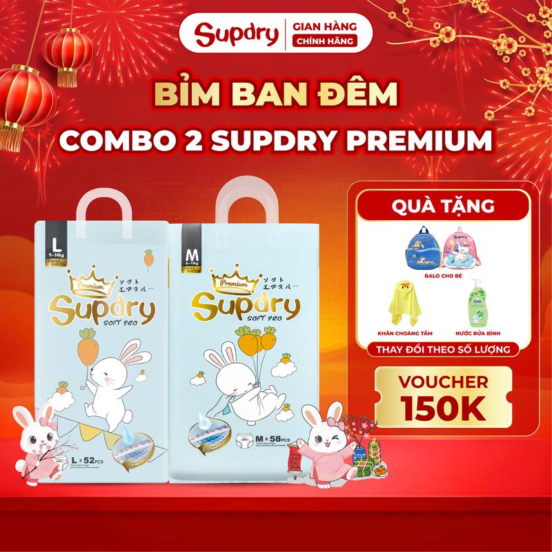   CÓ QUÀ  COMBO 2 bịch tã bỉm Supdry Premium An Toàn Siêu Thấm Hút size NB S M L XL XXL XXXL cho bé từ 44kg đến hơn 20kg + Quà tặng 