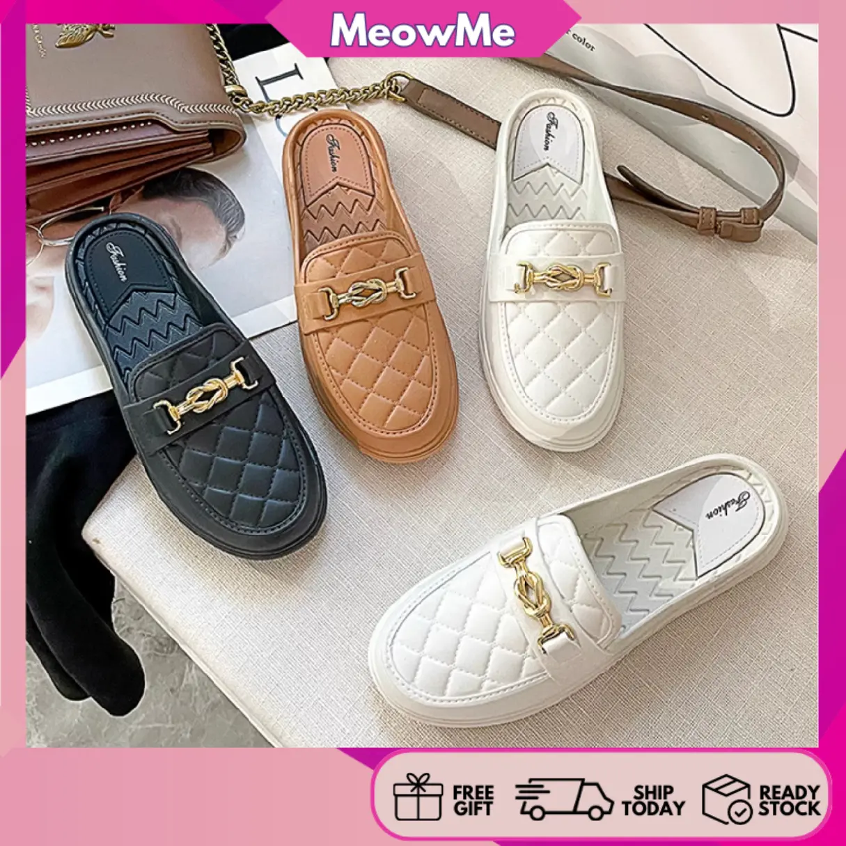 Ready Stock Meowme Tiffany Kasut Sarung Wanita Women Slip-On Sandals Mules Shoes 197