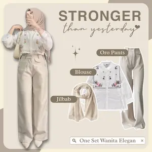 Setelan Outfit Korean Style (Blouse Rompi + Oro Pants + Jilbab Segi Empat) One Set Kekinian Wanita Elegan HO47N