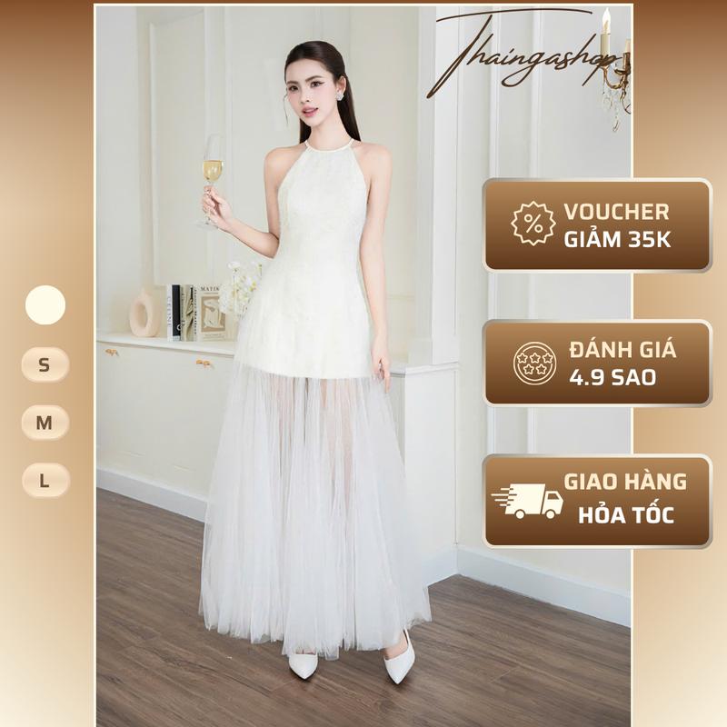 Đầm Dự Tiệc Phối Hoa Lông Cổ Yếm Ren Màu Nude Thanh Lịch Đầm body nữ lưới cổ bèo trễ vai dáng xòe