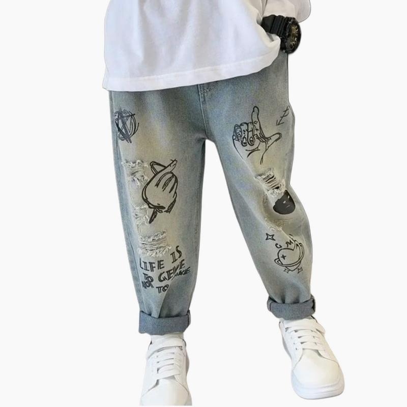 mấu mới 16-50kg Quần jean trẻ em bé trai in họa tiết đặc sắc mã BANTAY08 quan jean be trai dep