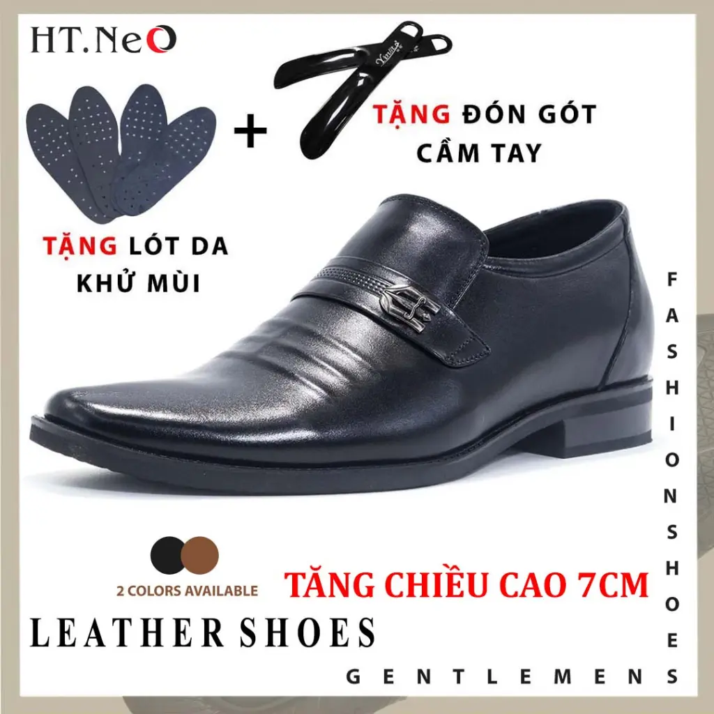 Giày tây lười độn đế 7CM tăng chiều cao HT.NeO,Giày nam công sở da bò mũi nhọn quai vắt ngang giữ phom tôn dáng ĐĐ4027