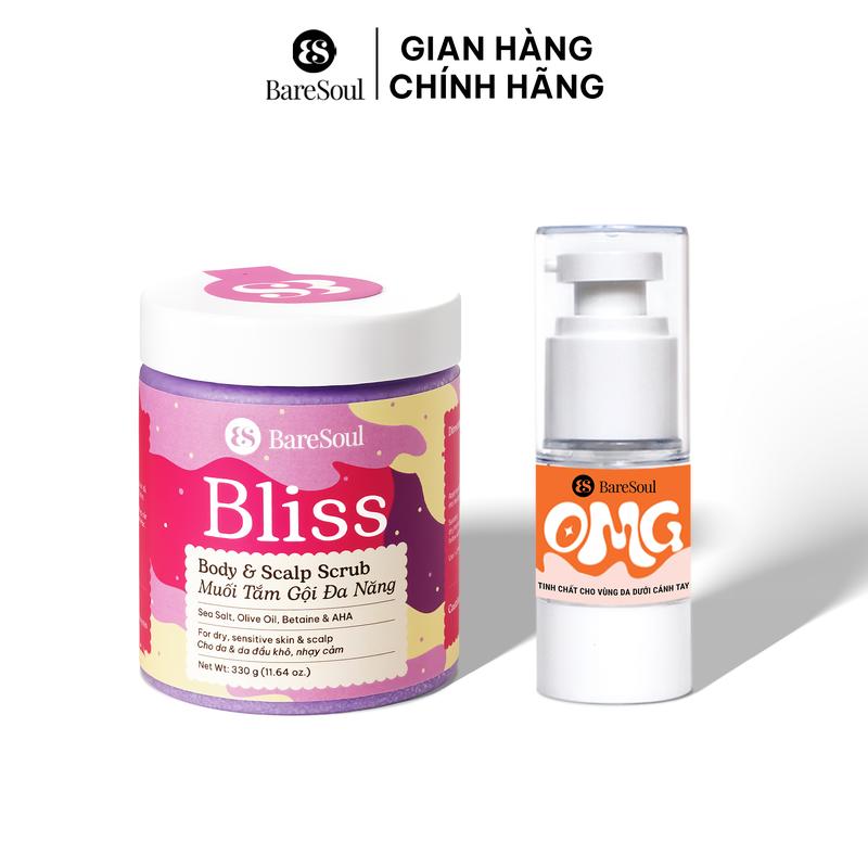  Combo Serum cho nách hỗ trợ che khuyết điểm hỗ trợ giảm thâm nách & hỗ trợ làm sáng nách BareSoul OMG 20G + Muối tắm gội hỗ trợ tẩy tế bào chết da đầu cơ thể BareSoul BLISS 330g 