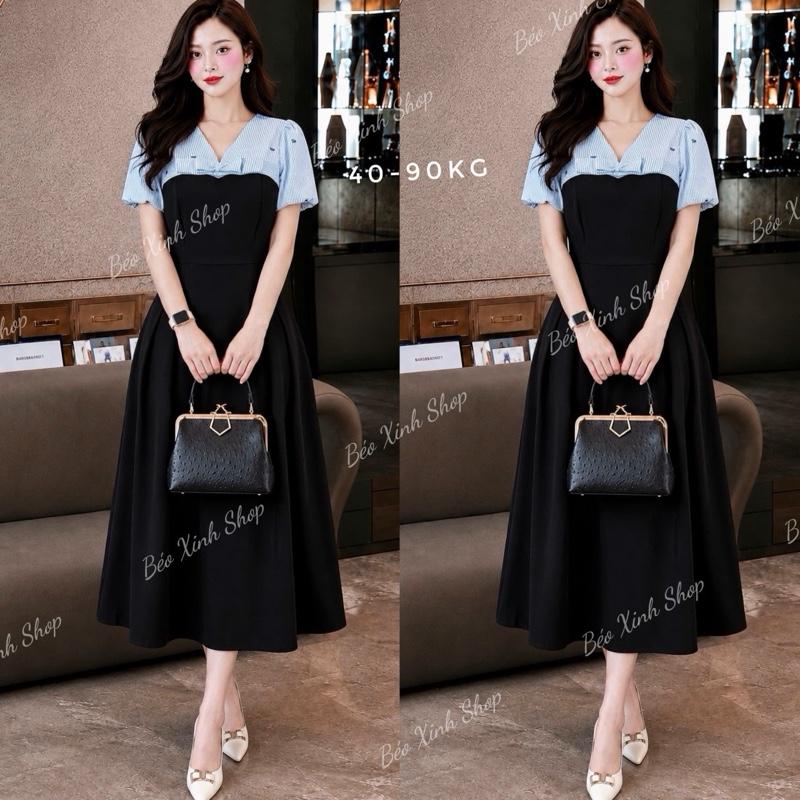 Đầm Nữ Công Sở Phối Sọc Tay Bồng, Váy Xòe Chất Tuyết Mưa Có Bigsize 40-90kg Thời Trang Nữ Béo Xinh Shop - A.1819