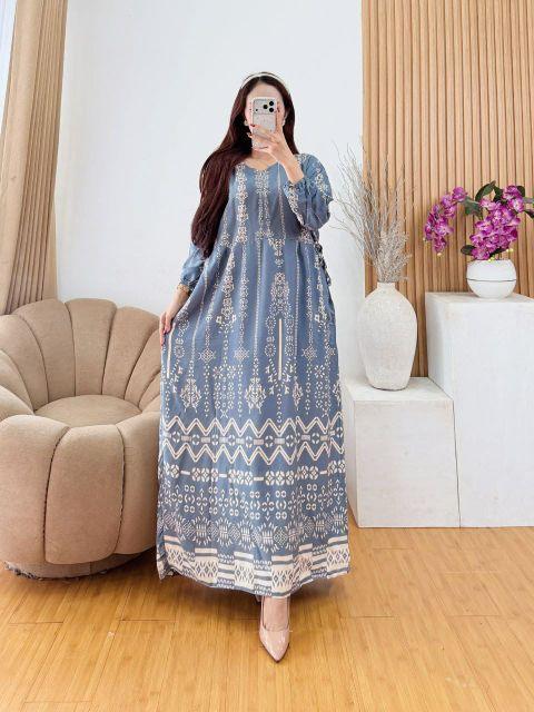 Gaun Gamis Wanita Elegan Motif Unik Cantik Lengan Panjang Bahan Tebal Nyaman untuk Acara Formal dan Santai