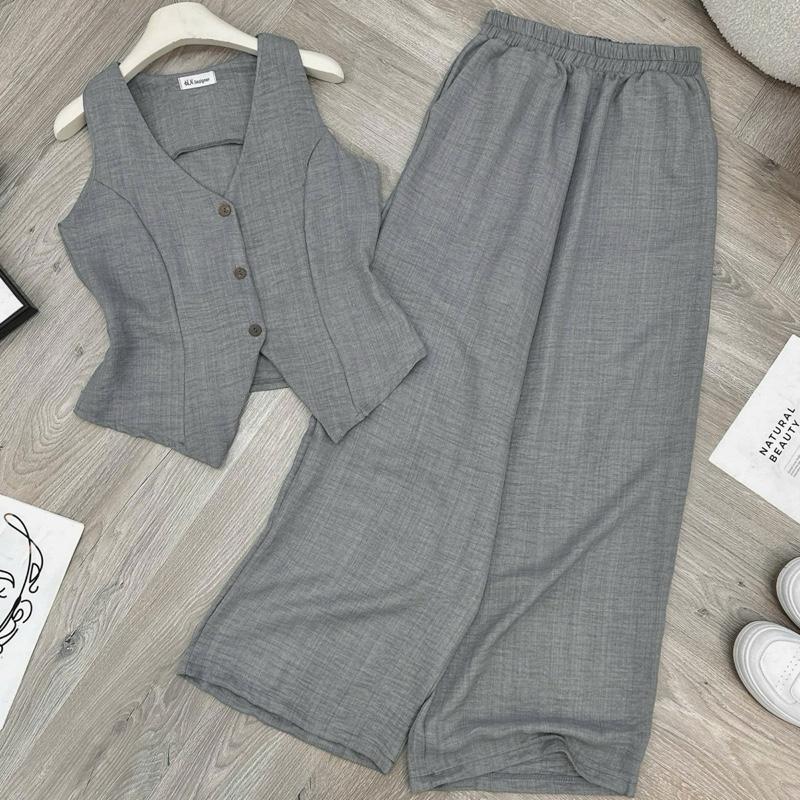 Q86 Set áo gile nút cột nơ sau + quần dài nút gỗ vải đũi form 40-60kg mang vừa phù hợp đi chơi . di du lich chất mát thoáng thấm hút mồ hồi Hằng tidy