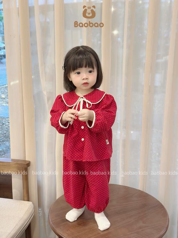   BAOBAO-SẴN  SET BỘ PIZAMA CHẤM BI HỒNG ĐỎ CỔ SEN QUẦN DÁNG BOOM XINH XẮN CHO BÉ GÁI -MZ1979 