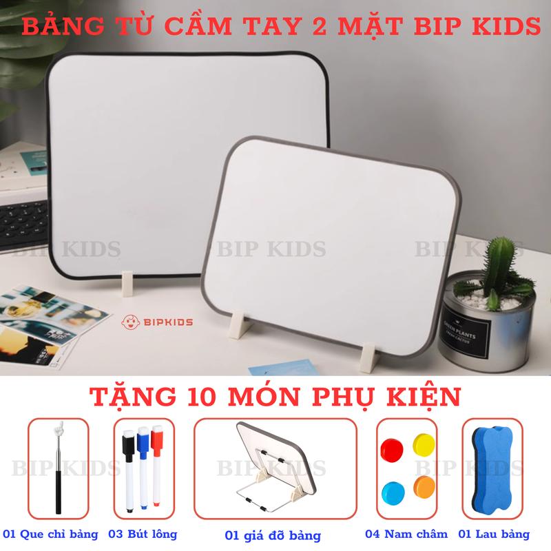 TẶNG 10 PHỤ KIỆN Bảng từ cầm tay 2 mặt BIP KIDS có giá đỡ - Bảng trẻ em 2 mặt có từ tính - Xoá dễ dàng Hút nam châm tốt